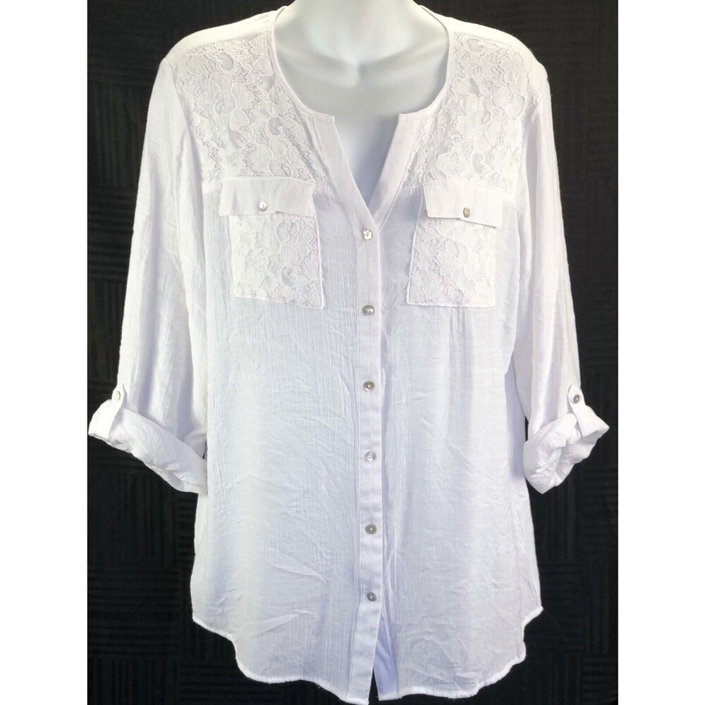 NY Collection Top Blouse L Wht 3/4 RollTab Sleeve LaceTrim Button V-Neck Pockets
